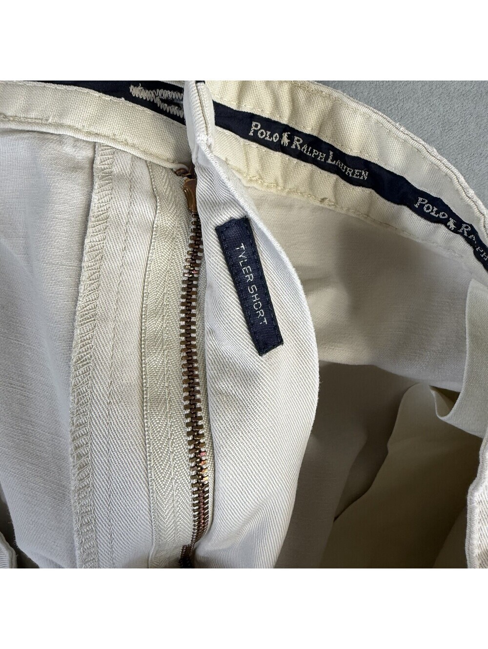 Vintage 90s Polo Ralph Lauren Tyler Shorts Mens 40 Cream Navy Pleated Chino 8.5" - Picture 5 of 7